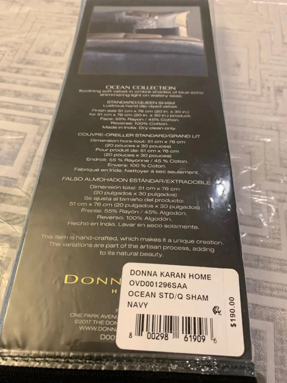 Donna Karan Standard Queen Sham Ocean Collection Blue Velvet Pillow